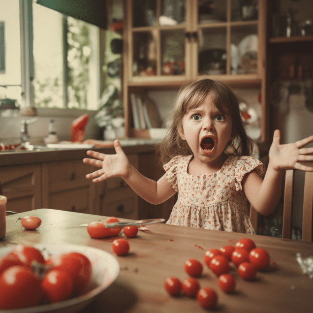 Boze peuter weigert tomaten te eten